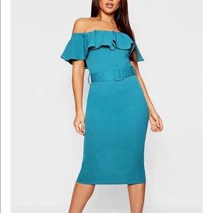 Off the shoulder belted midi dress